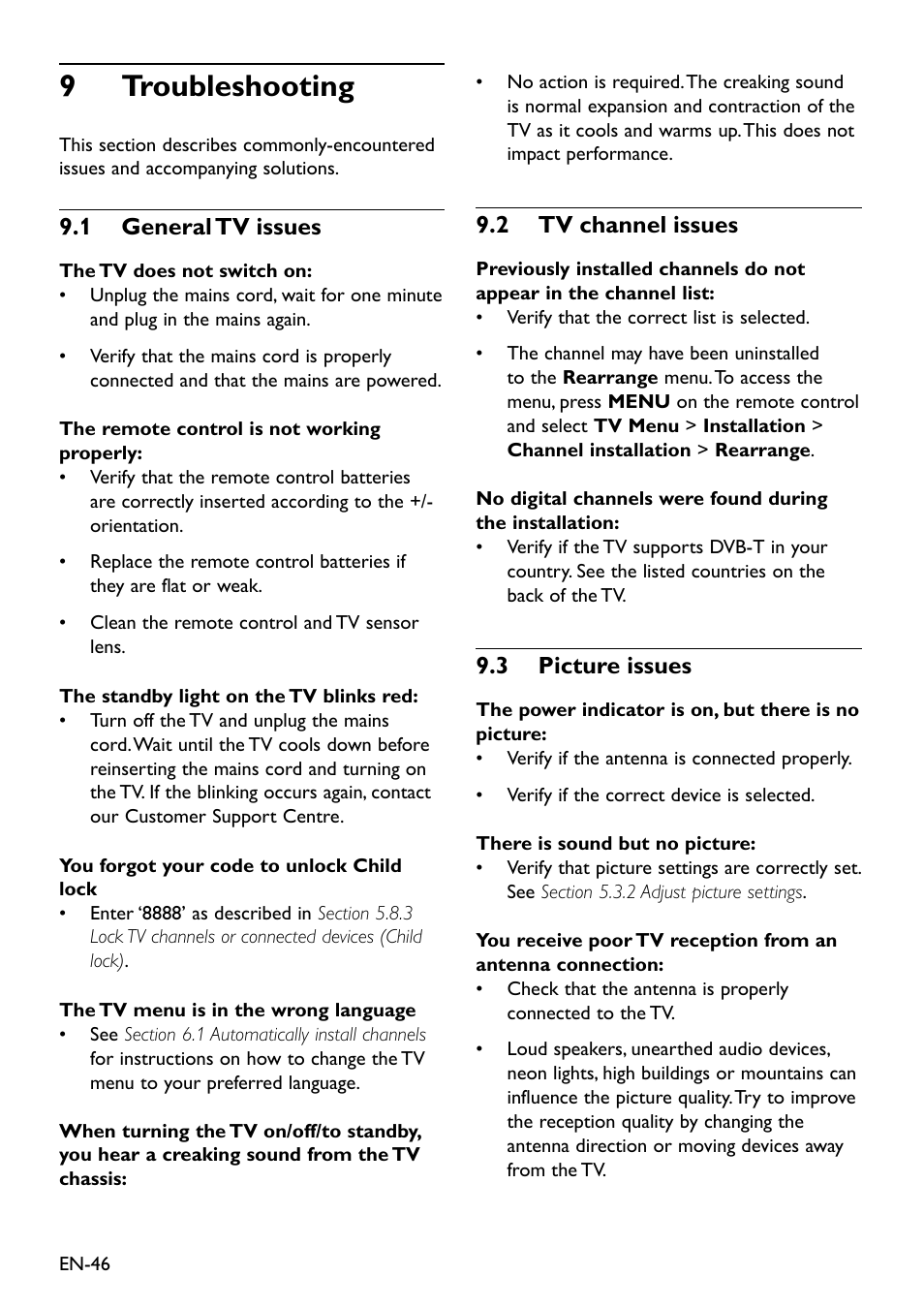 9 troubleshooting, 1 general tv issues, 2 tv channel issues | 3 picture issues, 9 troubleshooting � � � � � � � � � � � � � � � 46, 9�1 general tv issues, 9�2 tv channel issues, 9�3 picture issues | Philips Remote Starter User Manual | Page 48 / 56