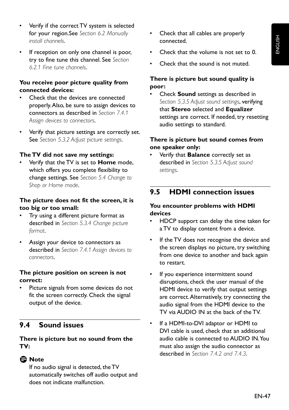 4 sound issues, 5 hdmi connection issues, 4 sound issues 9.5 hdmi connection issues | 9�4 sound issues, 9�5 hdmi connection issues | Philips Remote Starter User Manual | Page 49 / 56