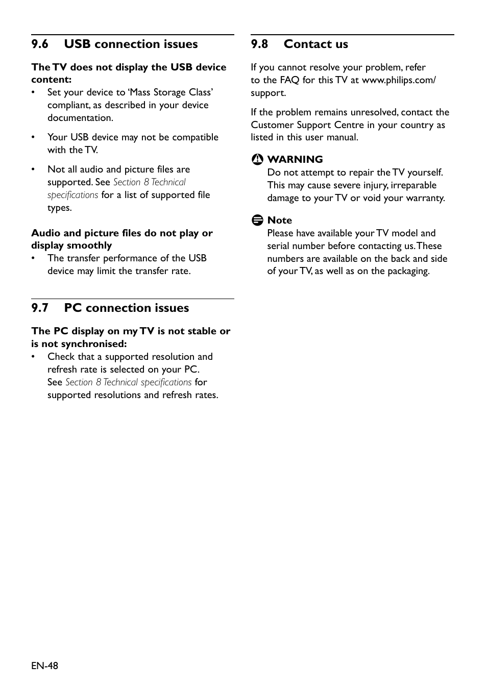 6 usb connection issues, 7 pc connection issues, 8 contact us | 9�8 contact us, 9�6 usb connection issues, 9�7 pc connection issues | Philips Remote Starter User Manual | Page 50 / 56