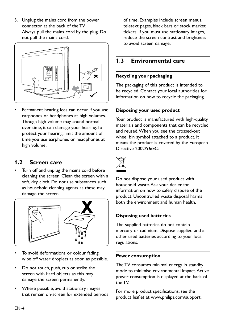 2 screen care, 3 environmental care, 2 screen care 1.3 environmental care | 1�2 screen care, 1�3 environmental care | Philips Remote Starter User Manual | Page 6 / 56