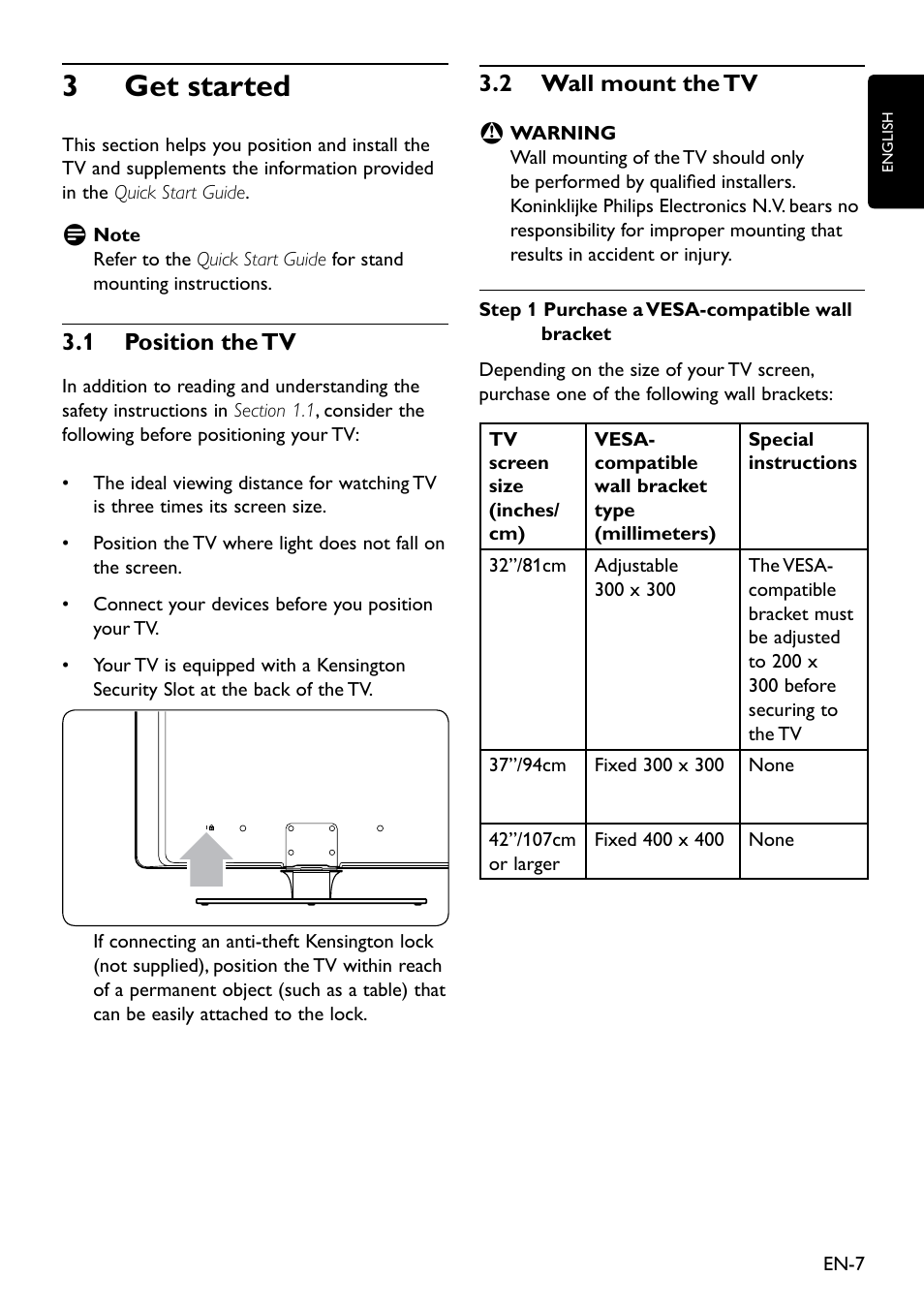 3 get started, 1 position the tv, 2 wall mount the tv | 1 position the tv 3.2 wall mount the tv, 3�1 position the tv, 3�2 wall mount the tv | Philips Remote Starter User Manual | Page 9 / 56