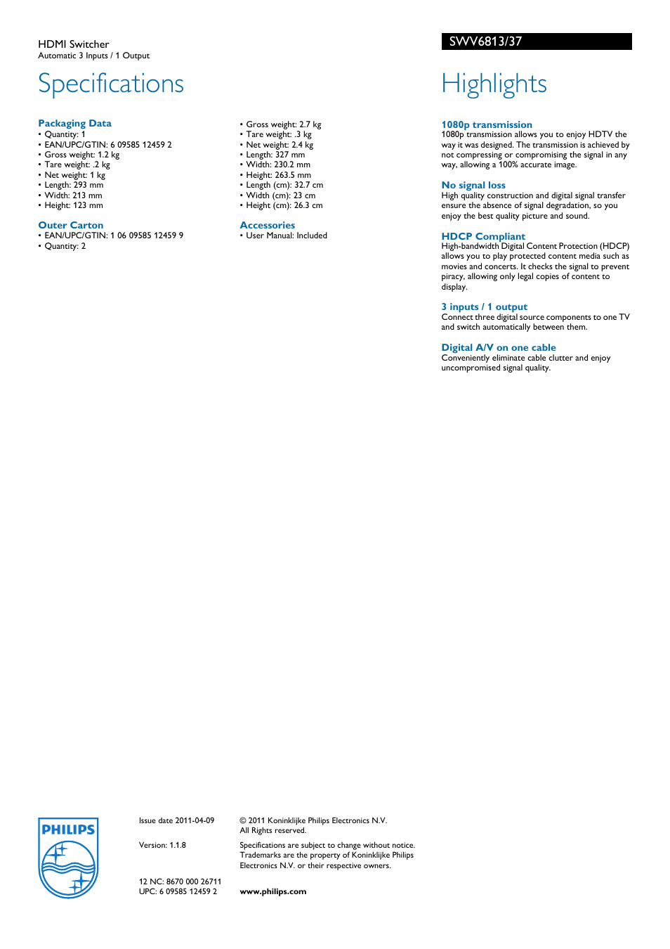 Specifications, Highlights | Philips SWV6813/37 User Manual | Page 2 / 2