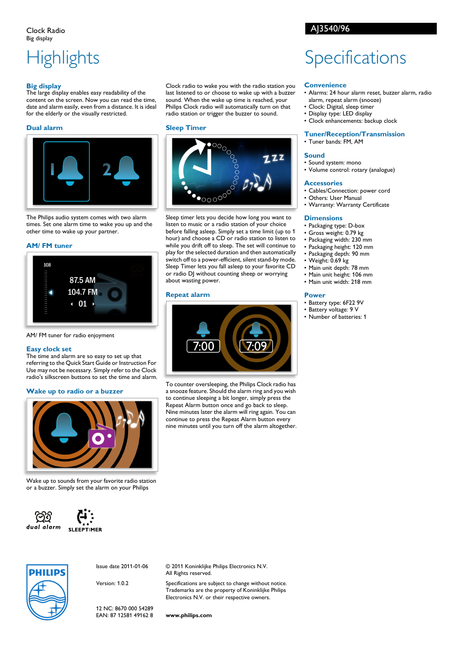 Highlights, Specifications | Philips AJ3540/96 User Manual | Page 2 / 2