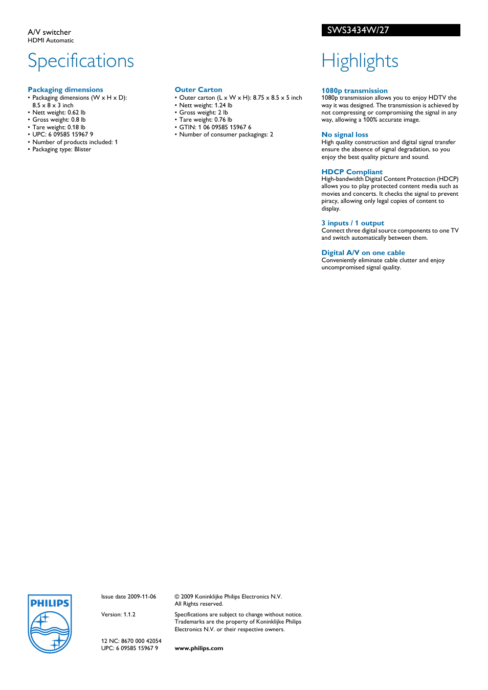 Specifications, Highlights | Philips SWS3434W User Manual | Page 2 / 2