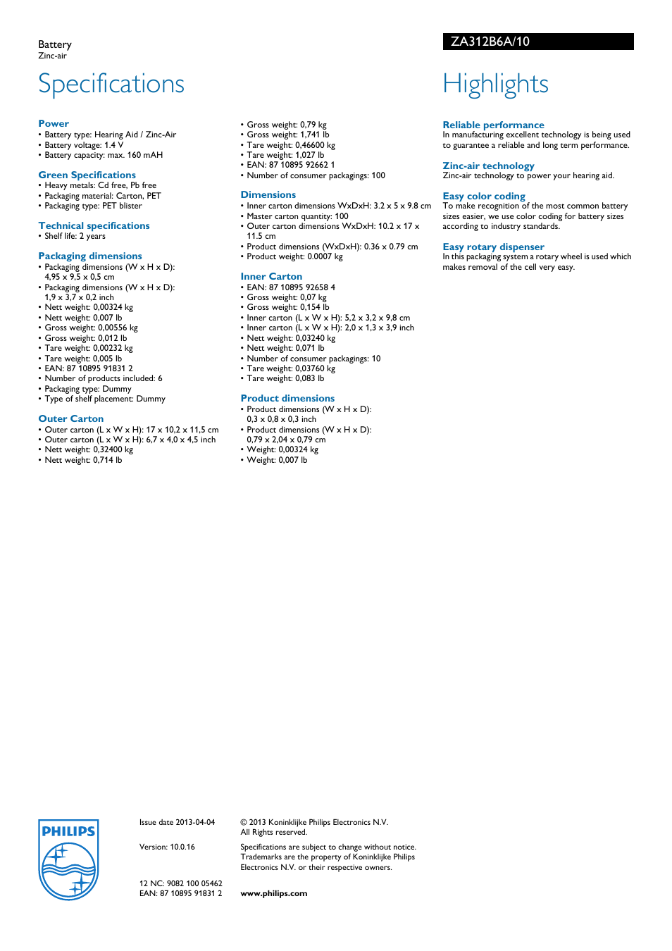 Specifications, Highlights | Philips Zinc-air ZA312B6A User Manual | Page 2 / 2