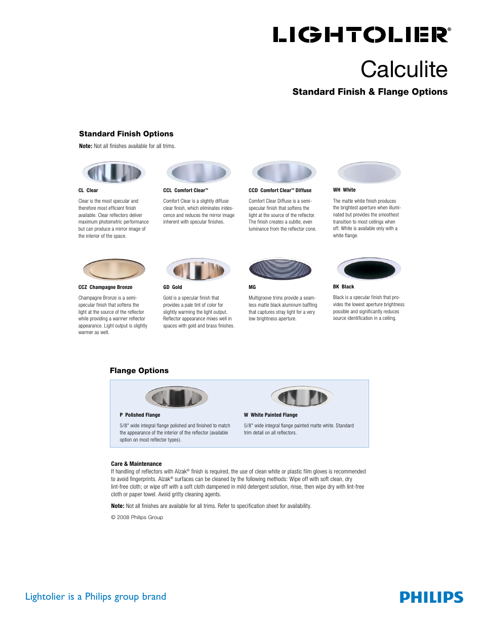 Philips Calculite Standard Finish & Flange Options User Manual | 1 page