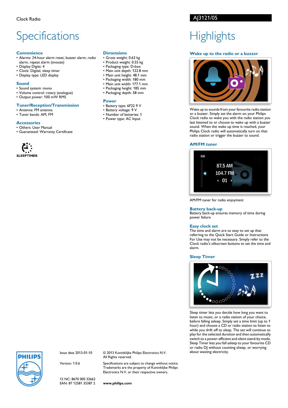 Specifications, Highlights | Philips AJ3121 User Manual | Page 2 / 2