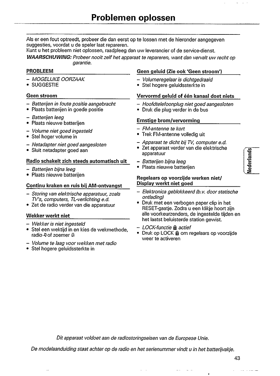 Problemen oplossen | Philips AE 3750 User Manual | Page 11 / 13