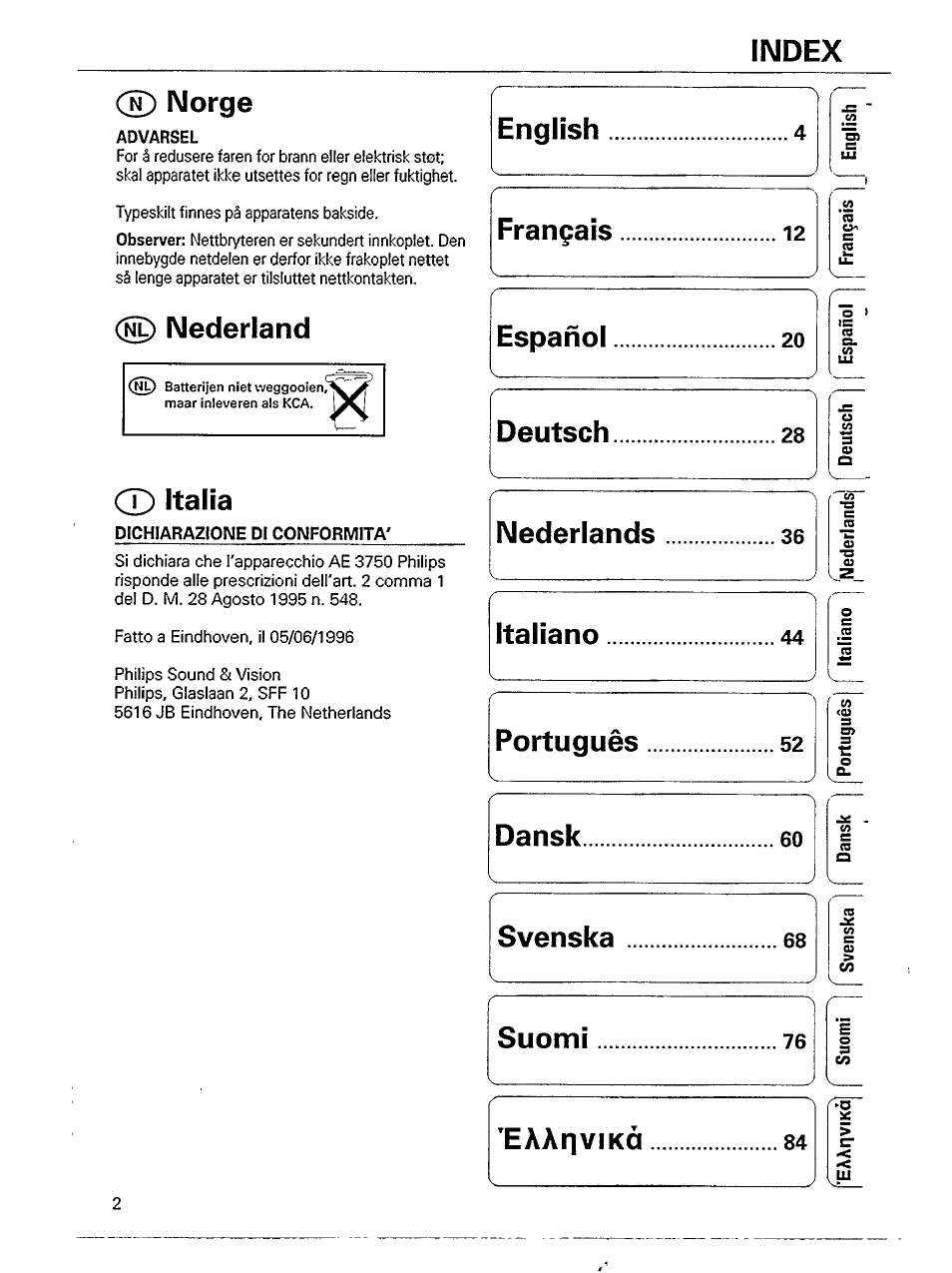 Norge, Advarsel, Nederland | Cx) italia, Dichiarazione pi conformità, Index norge, Deutsch, Dansk | Philips AE 3750 User Manual | Page 2 / 13