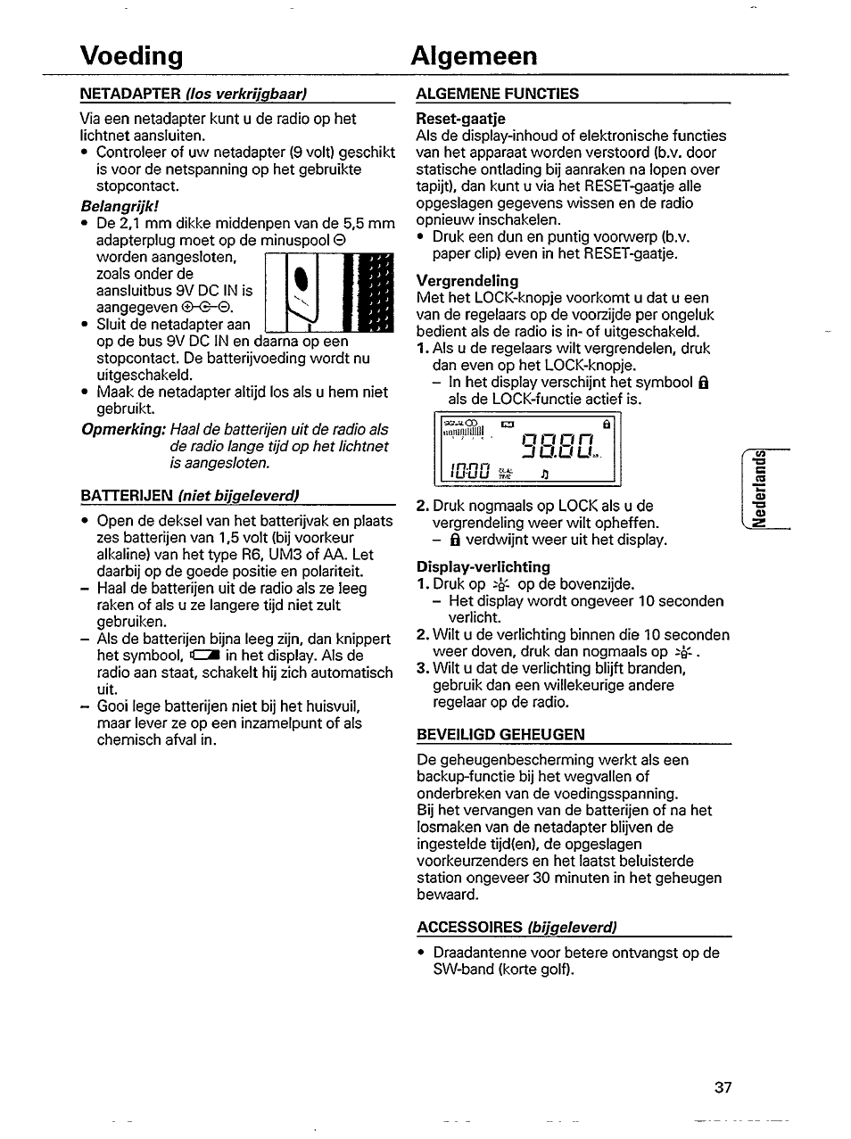 Algemene functies, Beveiligd geheugen, Voeding aigemeen | Philips AE 3750 User Manual | Page 5 / 13
