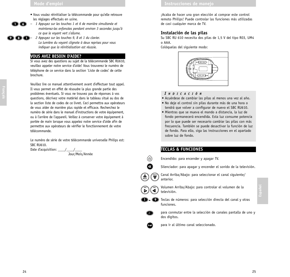 Instalación de las pilas, Teclas & funciones, Instrucciones de manejo | Vous avez besoin d’aide, Mode d’emploi | Philips RU610/00 User Manual | Page 13 / 30