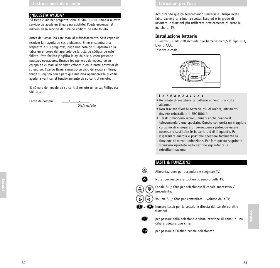 Installazione batterie, Tasti & funzioni, Istruzioni per l’uso | Necesita ayuda, Instrucciones de manejo | Philips RU610/00 User Manual | Page 17 / 30