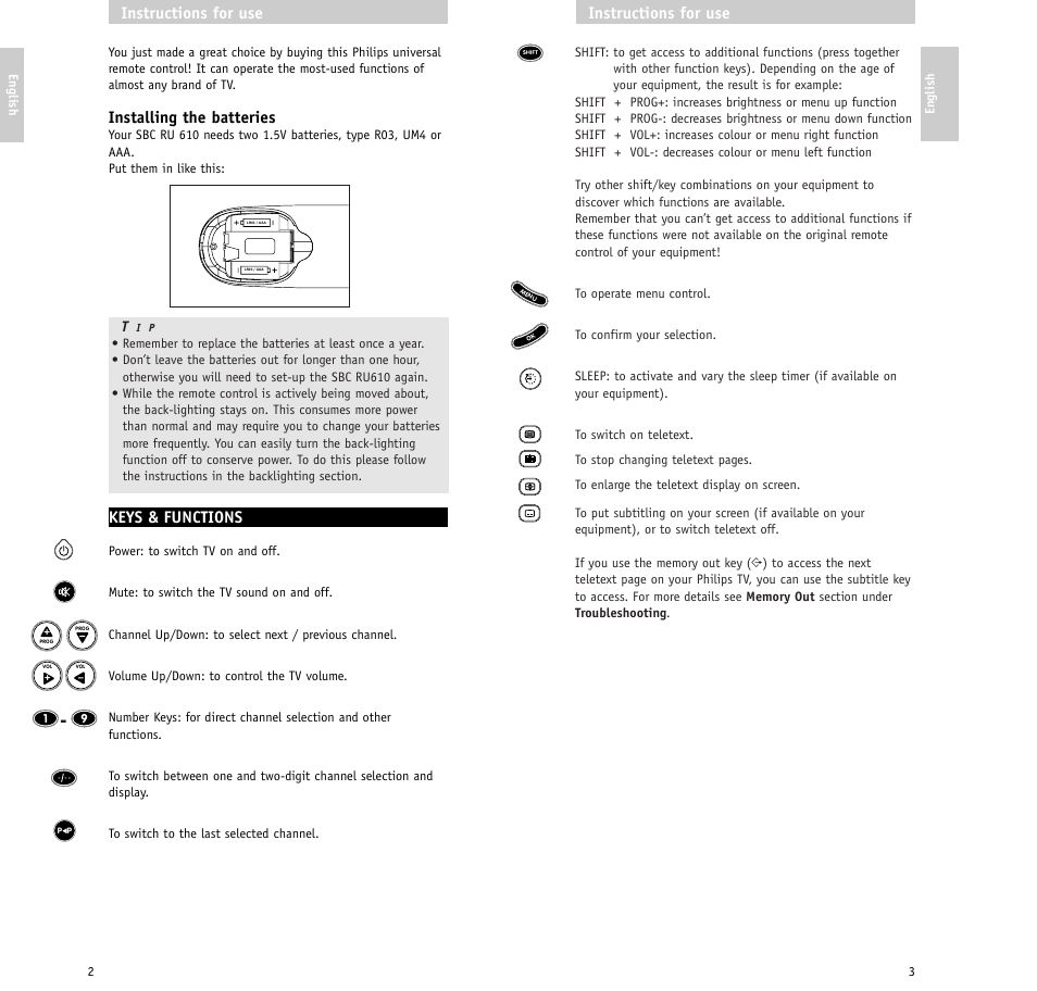 Instructions for use, Installing the batteries, Keys & functions | Philips RU610/00 User Manual | Page 2 / 30