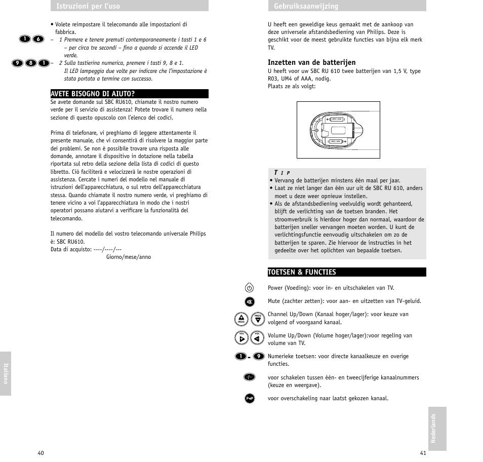 Inzetten van de batterijen, Toetsen & functies, Gebruiksaanwijzing | Avete bisogno di aiuto, Istruzioni per l’uso | Philips RU610/00 User Manual | Page 21 / 30