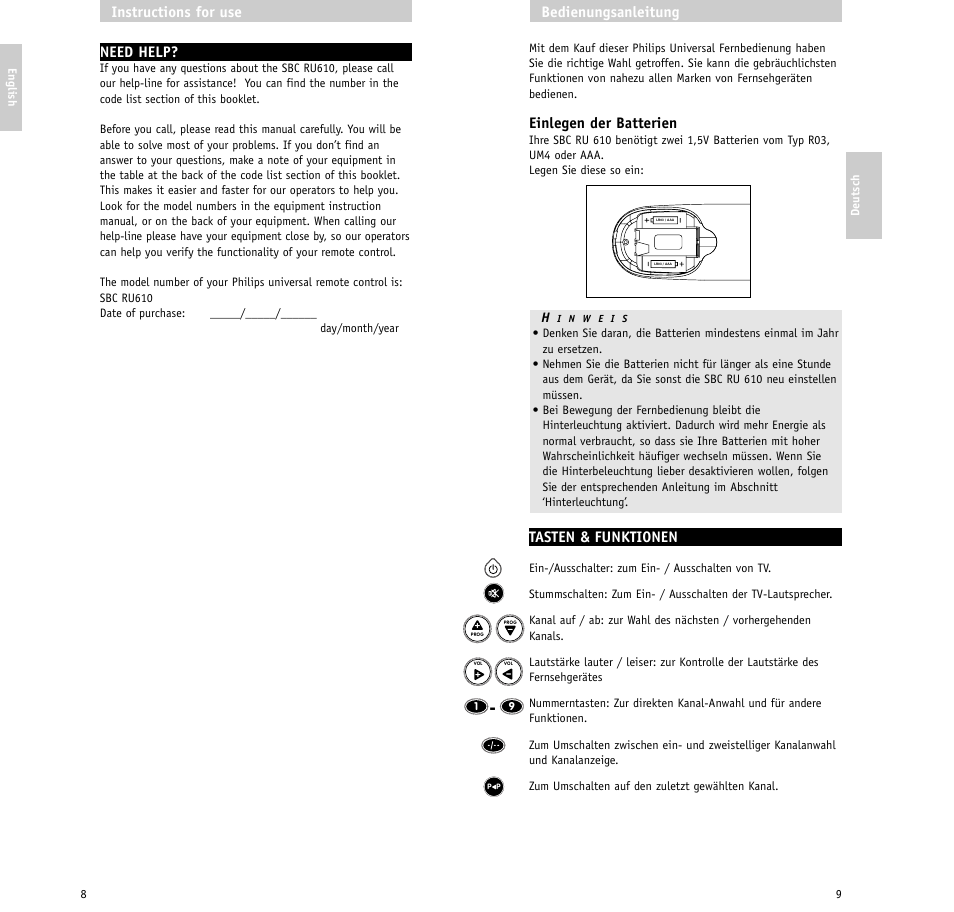 Einlegen der batterien, Tasten & funktionen, Bedienungsanleitung | Need help, Instructions for use | Philips RU610/00 User Manual | Page 5 / 30