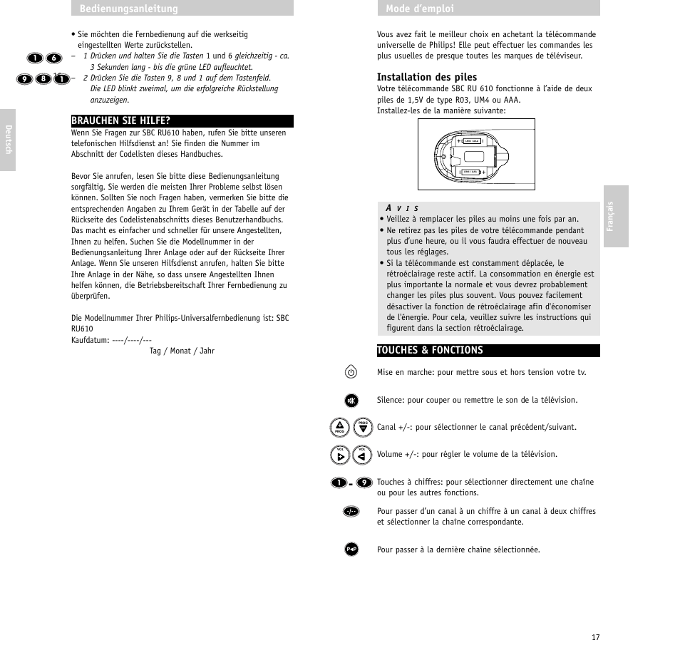 Installation des piles, Touches & fonctions, Mode d’emploi | Brauchen sie hilfe, Bedienungsanleitung | Philips RU610/00 User Manual | Page 9 / 30