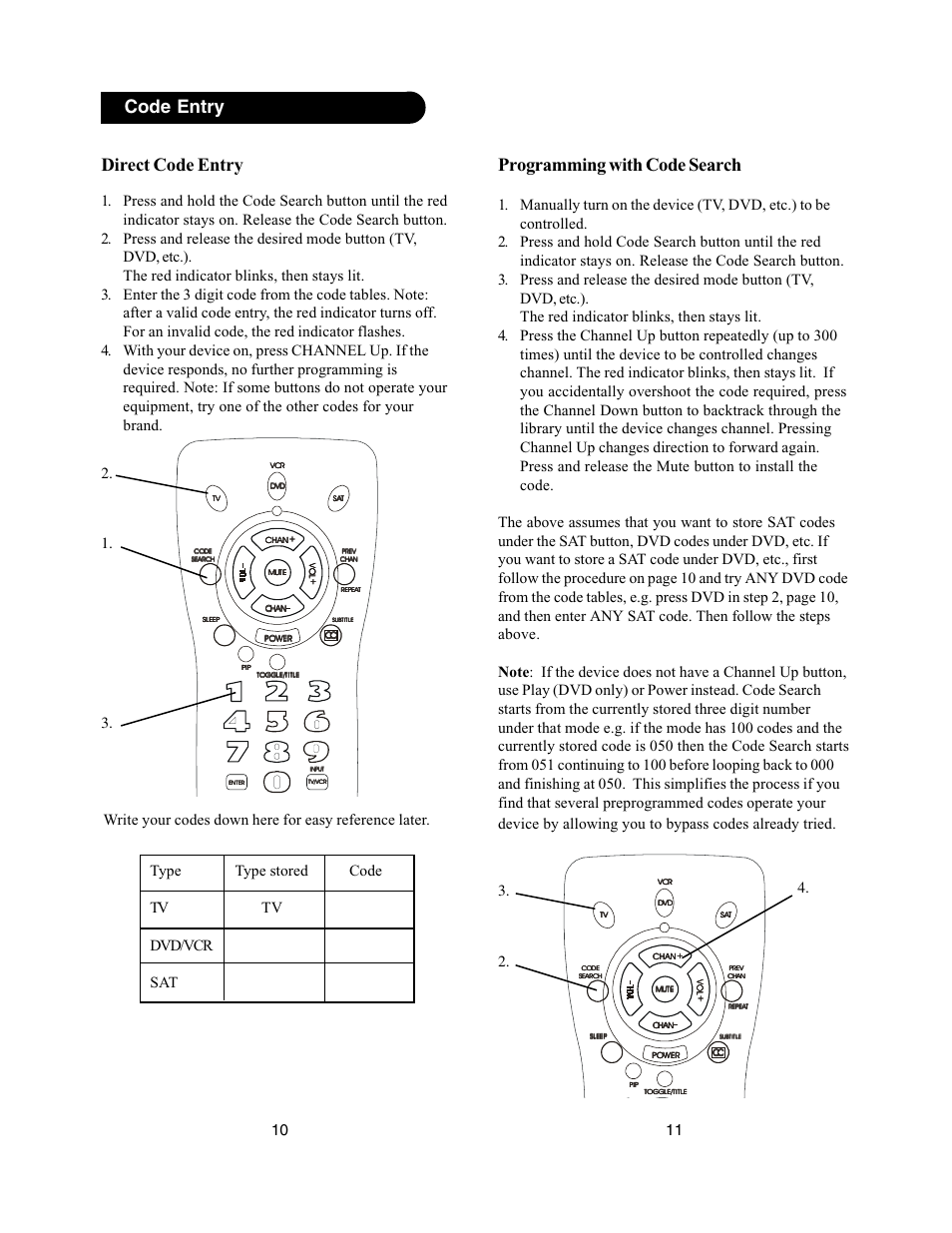 Programming with code search, Direct code entry, Code entry | Philips PM335 User Manual | Page 6 / 11