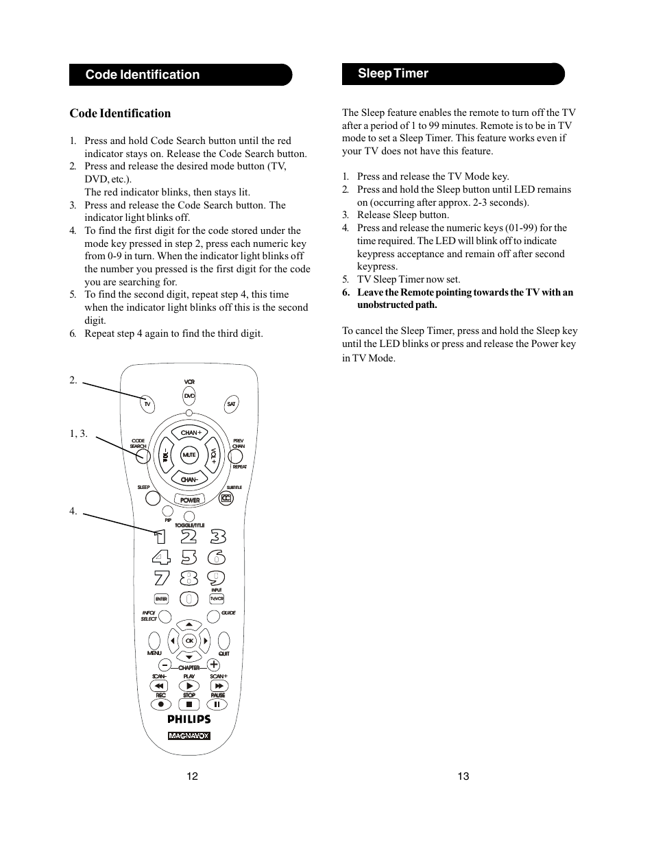 Sleep timer, Code identification | Philips PM335 User Manual | Page 7 / 11