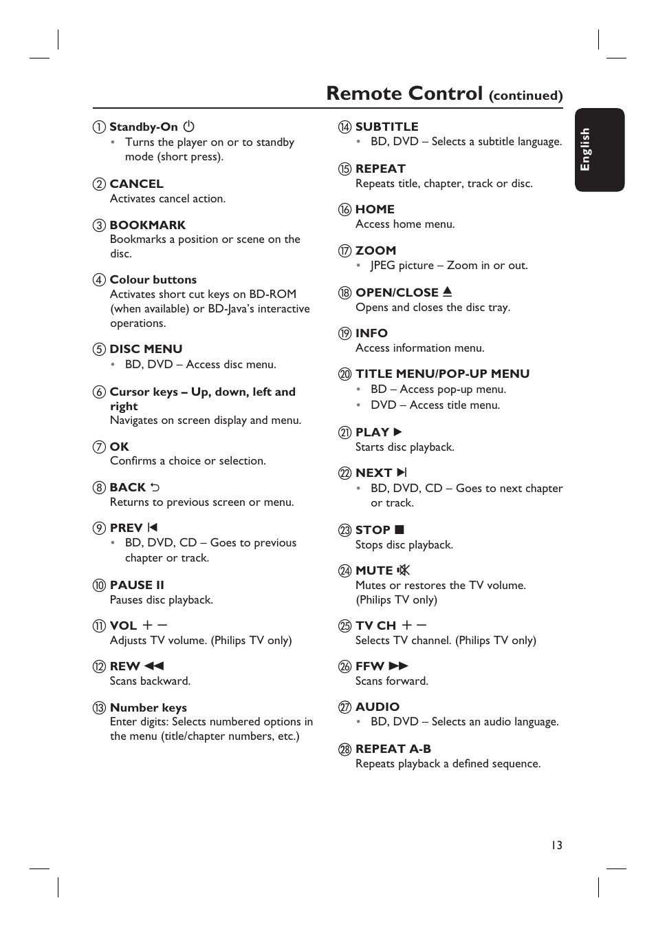 Remote control | Philips BDP7100 User Manual | Page 13 / 40