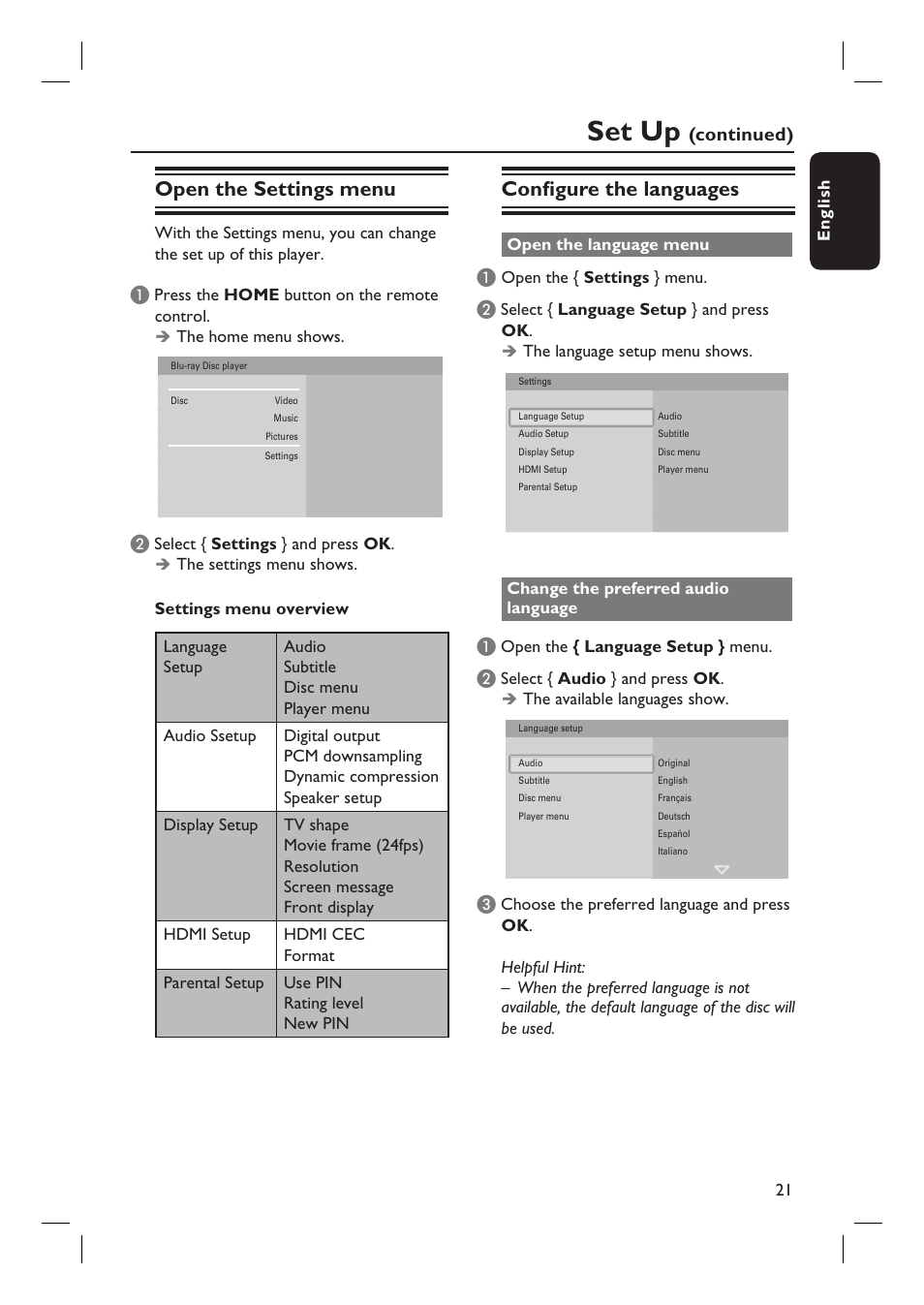 Set up, Open the settings menu, Confi gure the languages | Continued) | Philips BDP7100 User Manual | Page 21 / 40