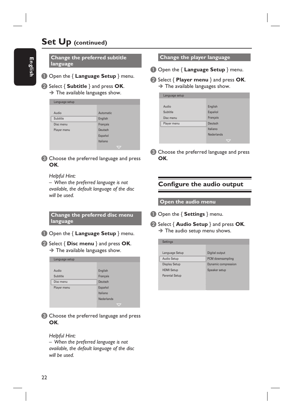 Set up, Confi gure the audio output, Continued) | Philips BDP7100 User Manual | Page 22 / 40