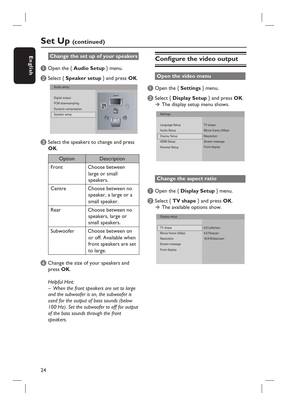 Set up, Confi gure the video output, Continued) | Philips BDP7100 User Manual | Page 24 / 40