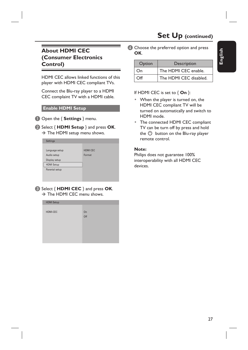 Set up, About hdmi cec (consumer electronics control) | Philips BDP7100 User Manual | Page 27 / 40