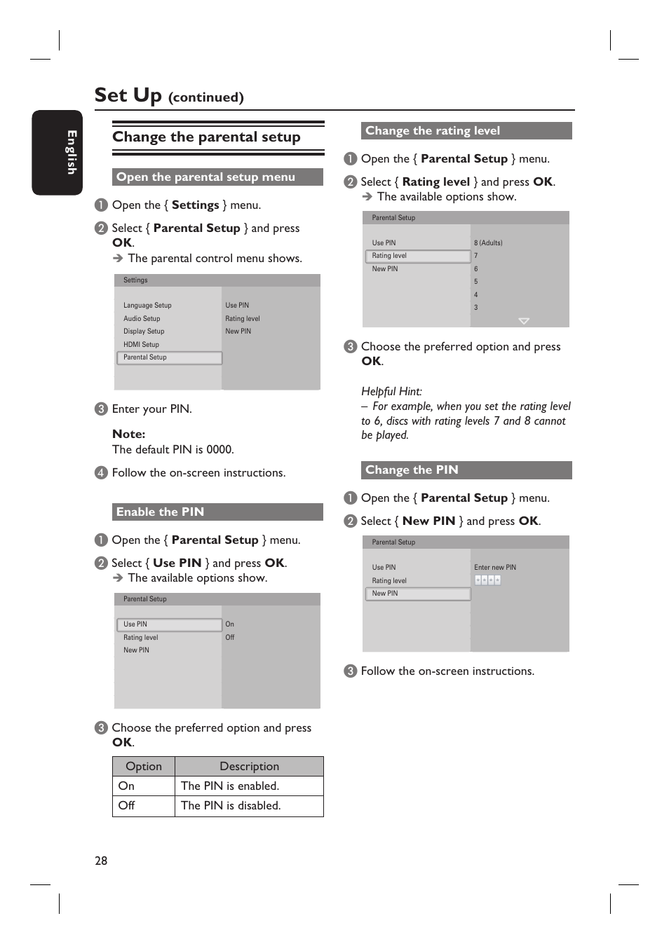 Set up, Change the parental setup, Continued) | Philips BDP7100 User Manual | Page 28 / 40