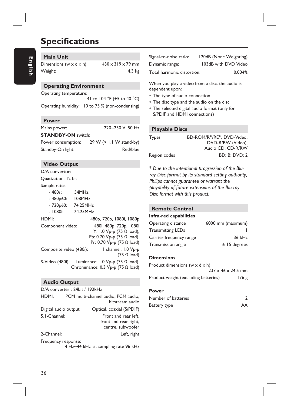 Specifi cations | Philips BDP7100 User Manual | Page 36 / 40