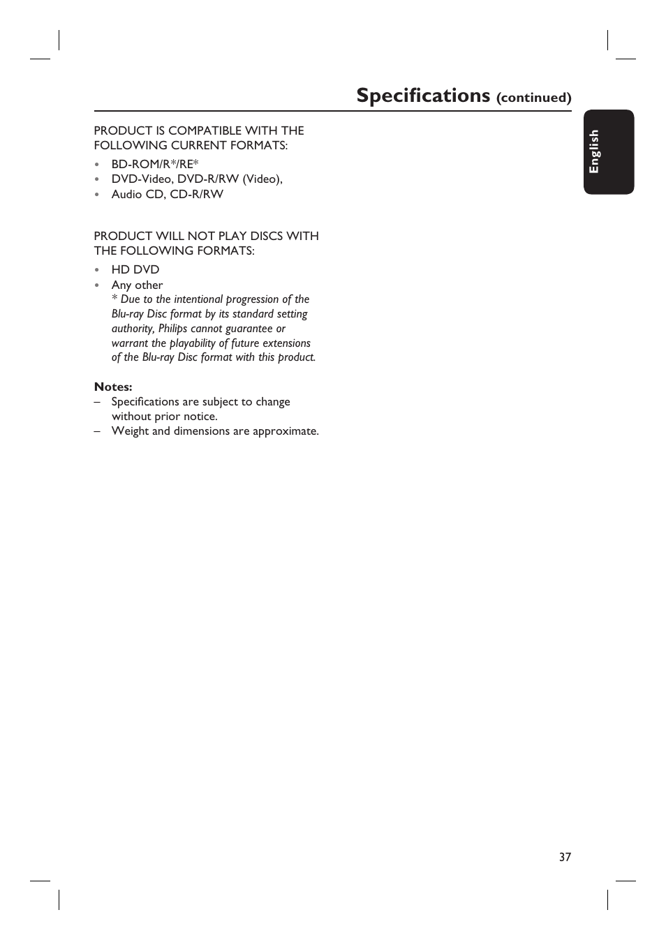 Specifi cations | Philips BDP7100 User Manual | Page 37 / 40