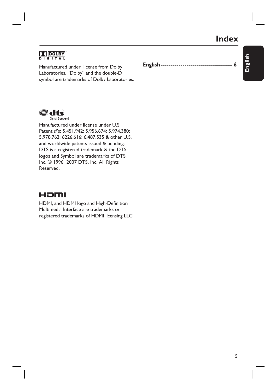 Index | Philips BDP7100 User Manual | Page 5 / 40