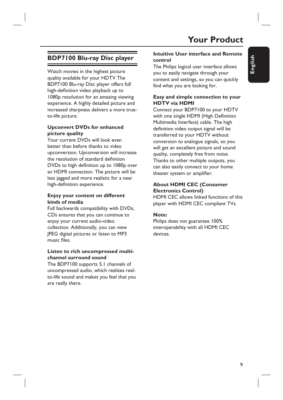 Your product | Philips BDP7100 User Manual | Page 9 / 40