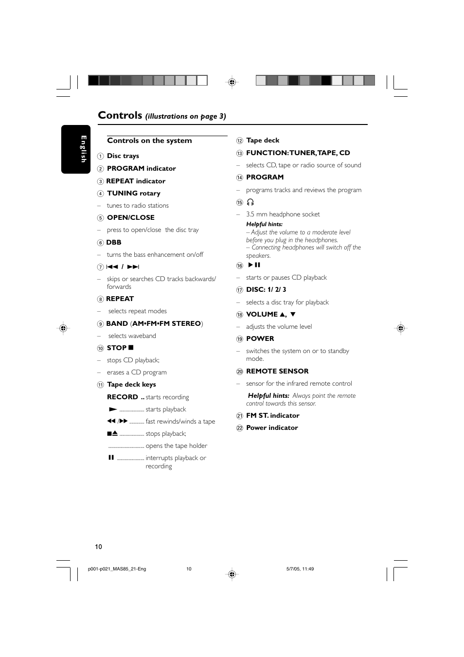 Controls | Philips MAS85 User Manual | Page 10 / 21