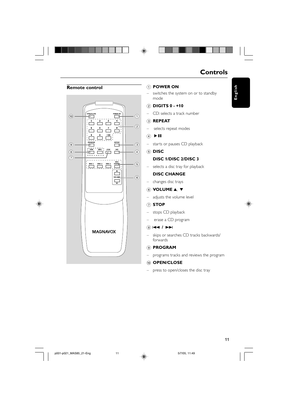 Controls | Philips MAS85 User Manual | Page 11 / 21