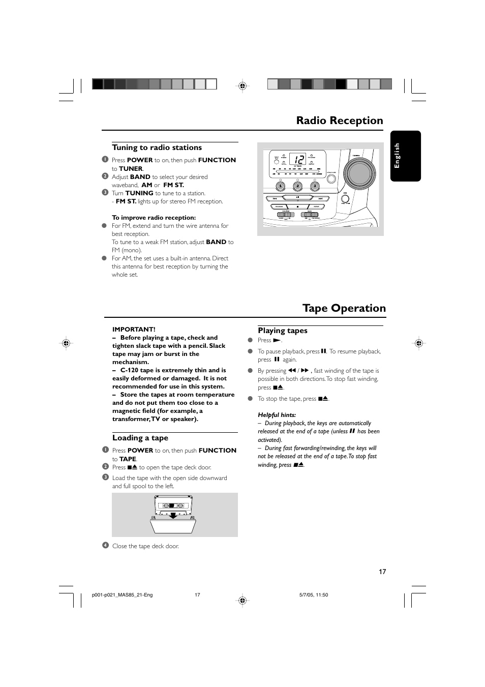 Radio reception, Tape operation | Philips MAS85 User Manual | Page 17 / 21