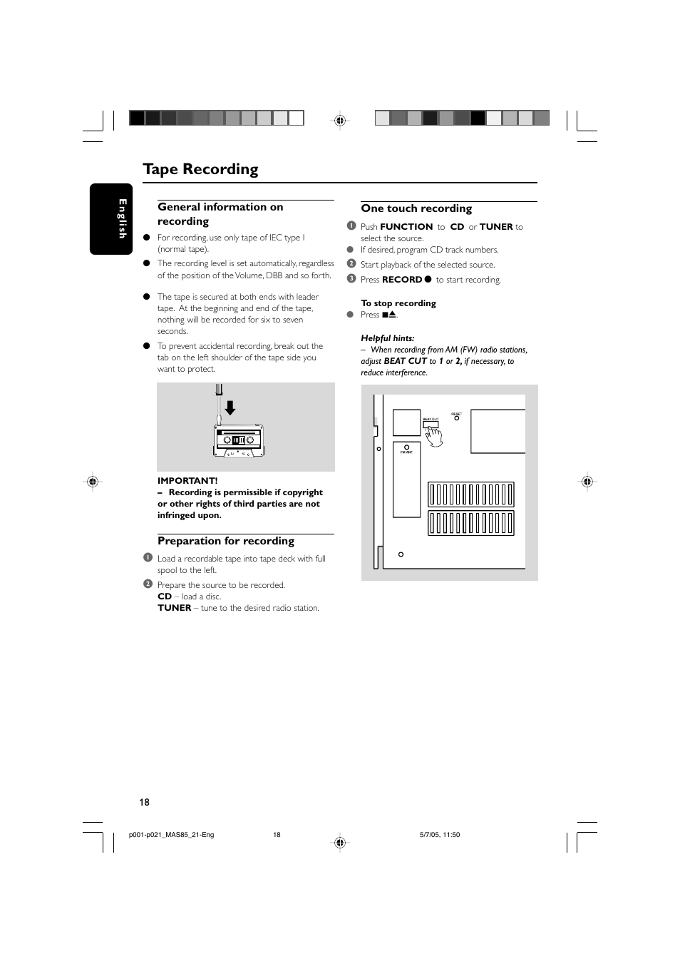 Tape recording | Philips MAS85 User Manual | Page 18 / 21