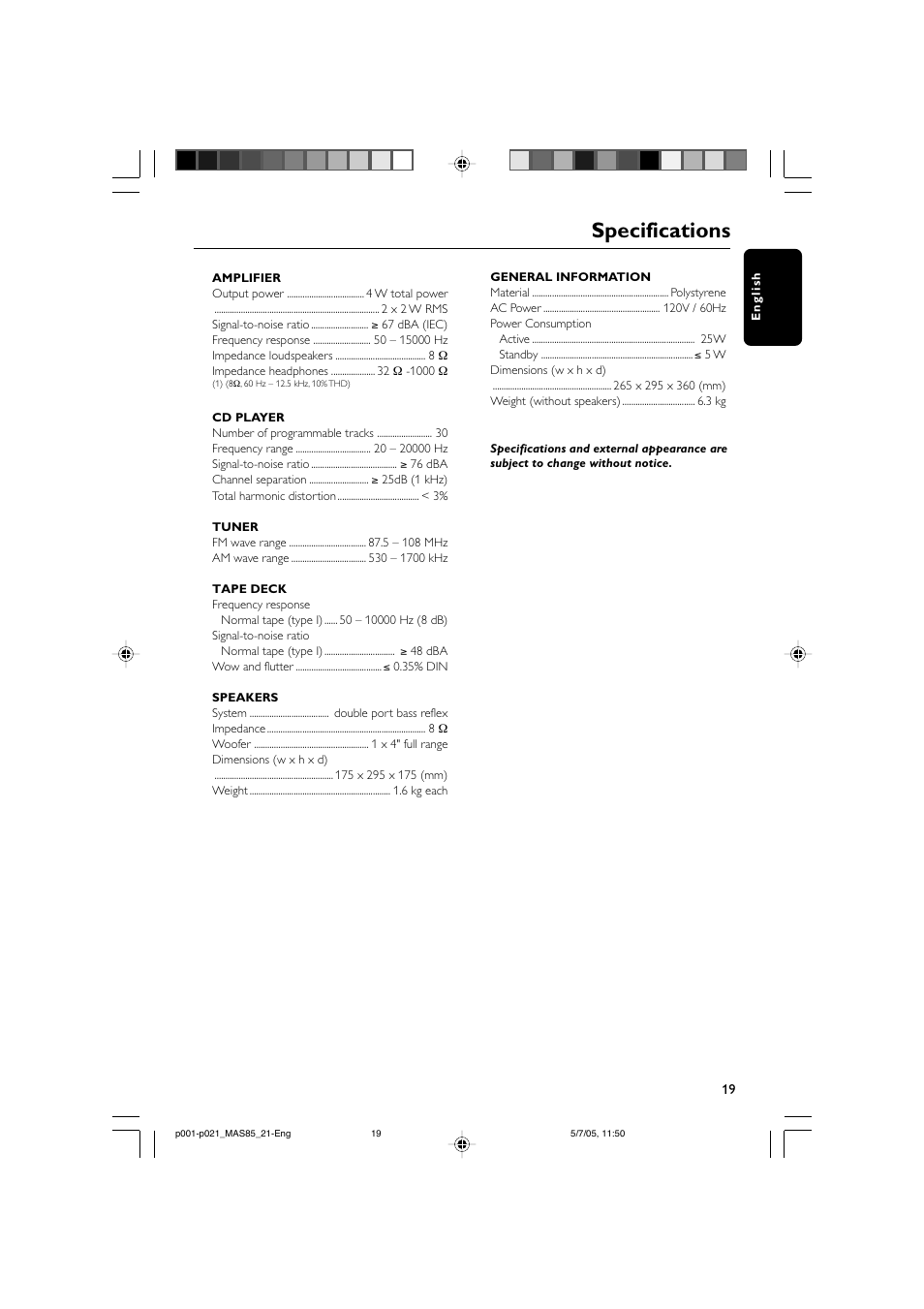 Specifications | Philips MAS85 User Manual | Page 19 / 21