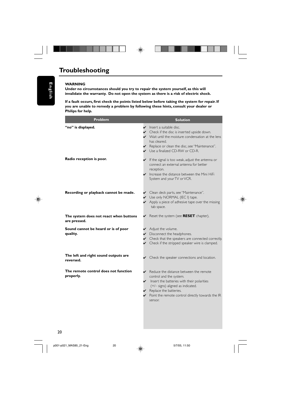 Troubleshooting | Philips MAS85 User Manual | Page 20 / 21