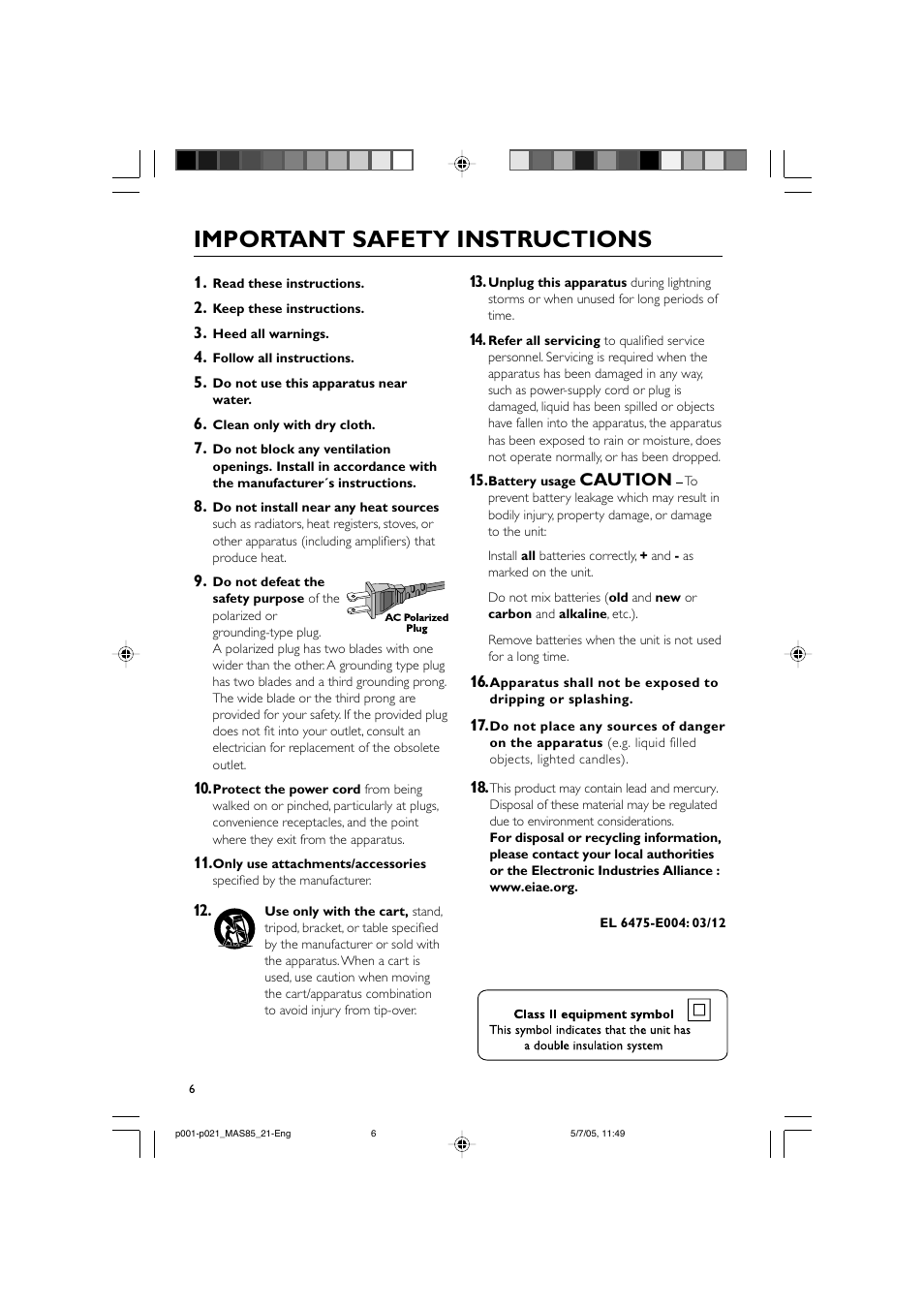 Important safety instructions | Philips MAS85 User Manual | Page 6 / 21