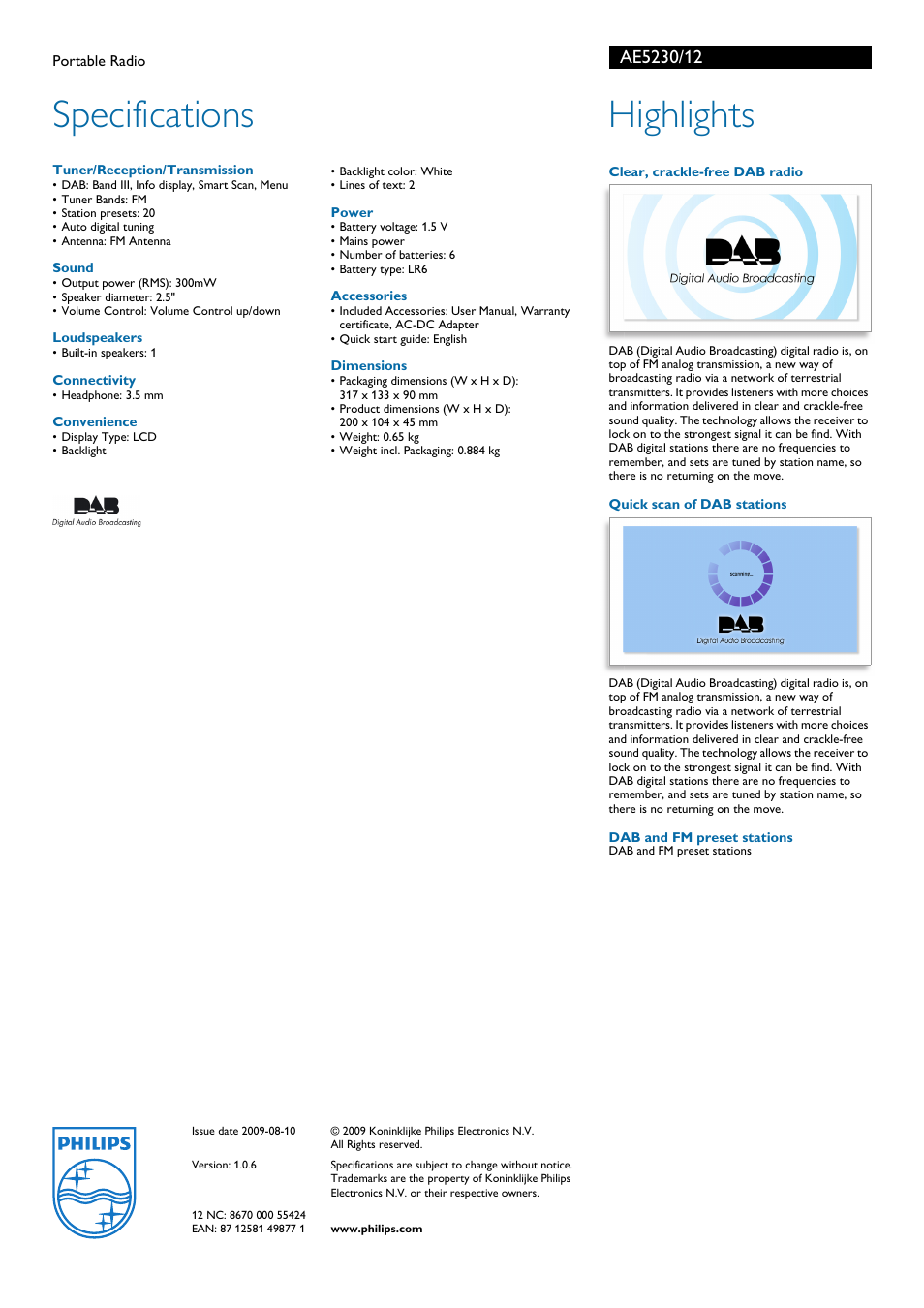 Specifications, Highlights | Philips AE5230/12 User Manual | Page 2 / 2