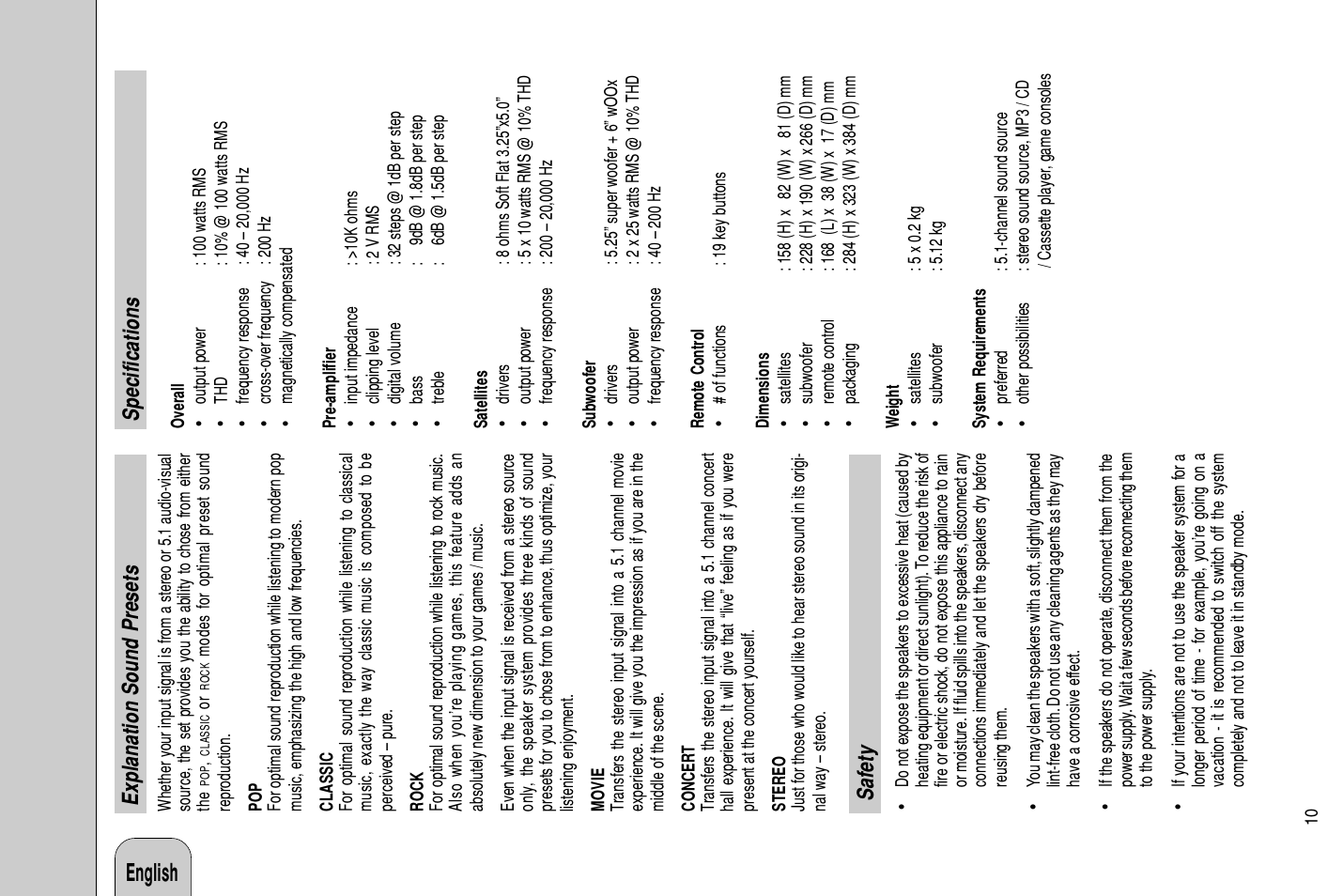 Specifications, Safety, Explanation sound presets | Philips MMS 306/A User Manual | Page 10 / 10