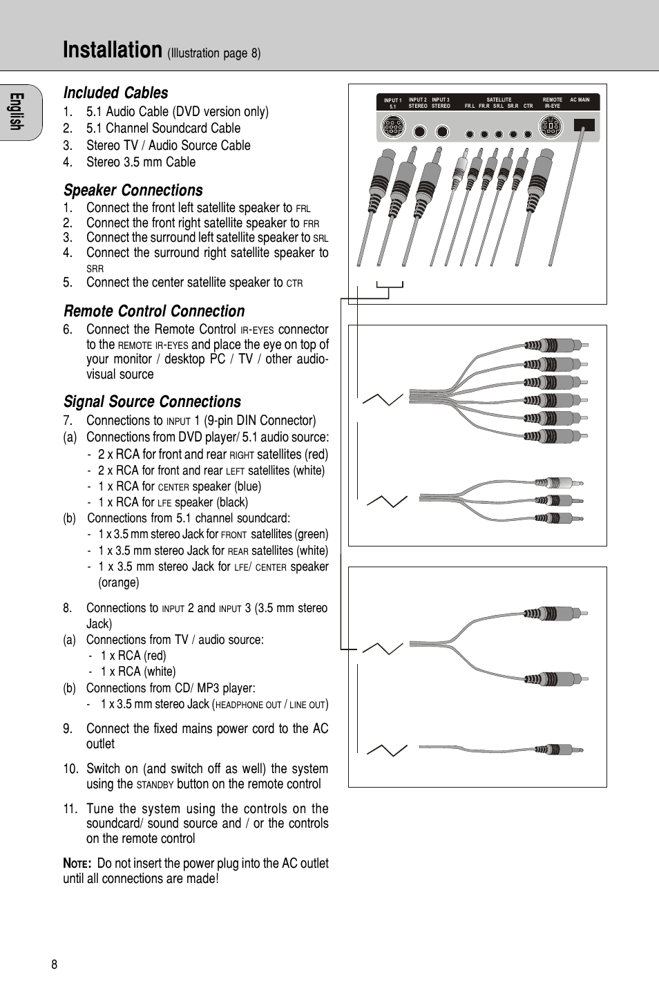 Installation, Included cables, Speaker connections | Remote control connection, Signal source connections | Philips MMS 306/A User Manual | Page 8 / 10