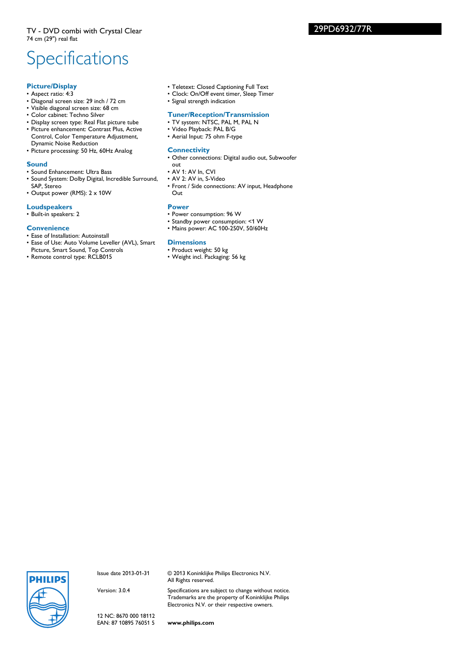 Specifications | Philips 29PD6932 User Manual | Page 3 / 3