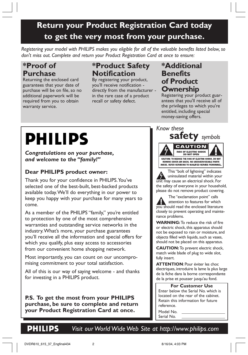 Safety, Proof of purchase, Product safety notification | Additional benefits of product ownership | Philips DVDR615 User Manual | Page 2 / 74