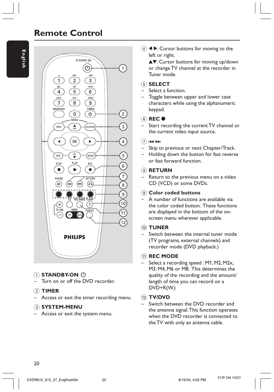 Remote control | Philips DVDR615 User Manual | Page 20 / 74