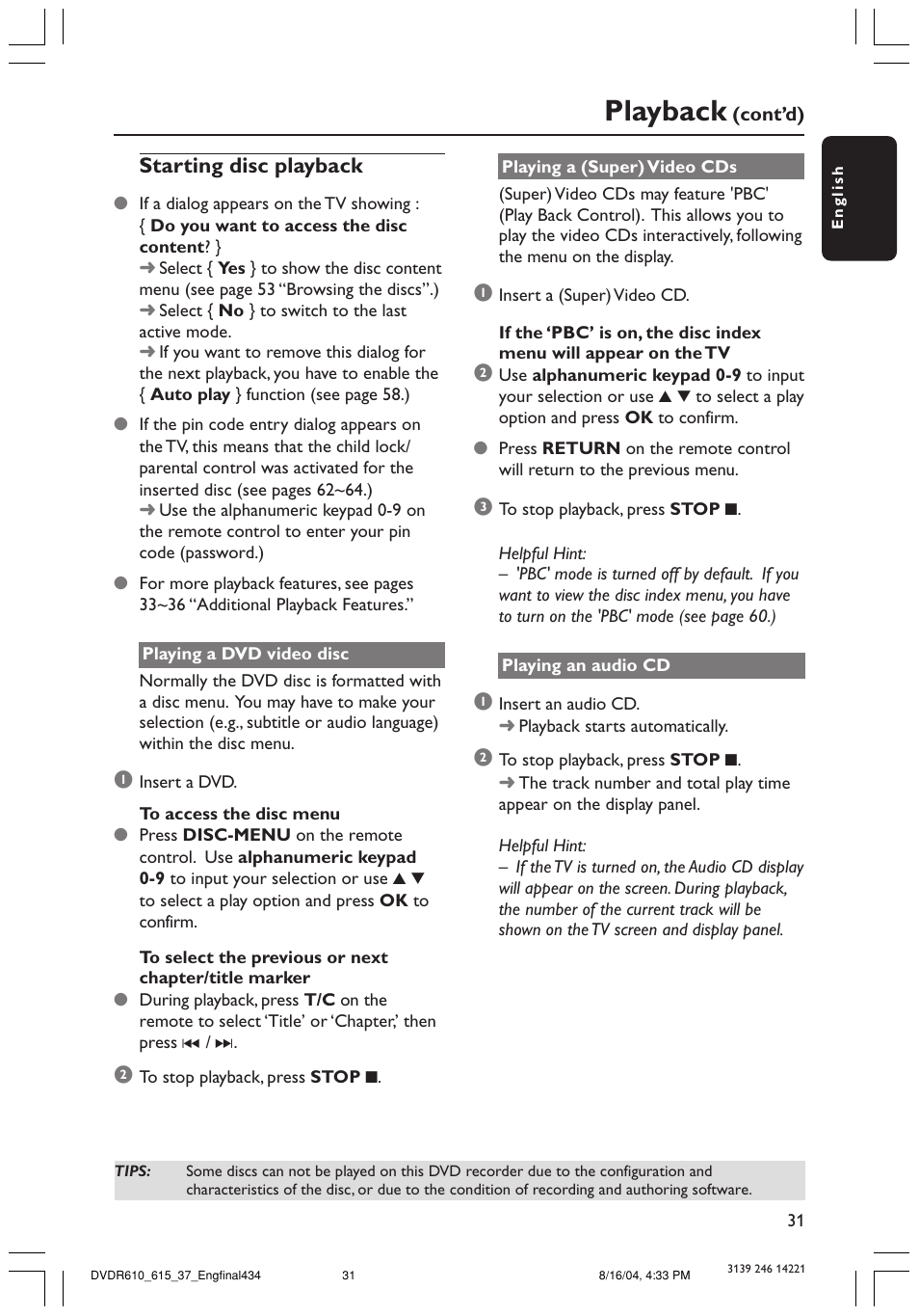 Playback | Philips DVDR615 User Manual | Page 31 / 74