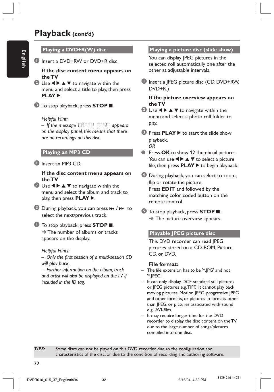 Playback | Philips DVDR615 User Manual | Page 32 / 74