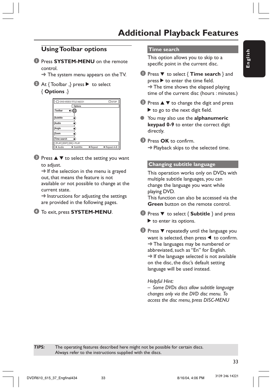 Additional playback features, Using toolbar options 1 | Philips DVDR615 User Manual | Page 33 / 74