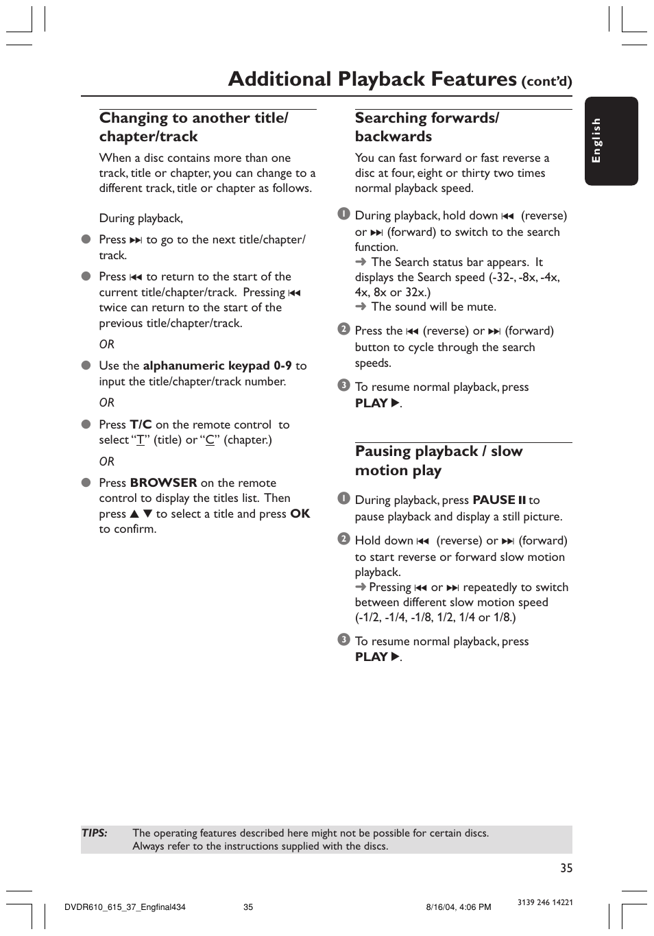 Additional playback features | Philips DVDR615 User Manual | Page 35 / 74