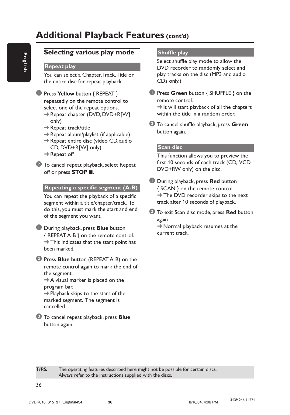 Additional playback features | Philips DVDR615 User Manual | Page 36 / 74